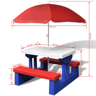 vidaXL Dětský piknikový stůl, lavičky a slunečník vícebarevný