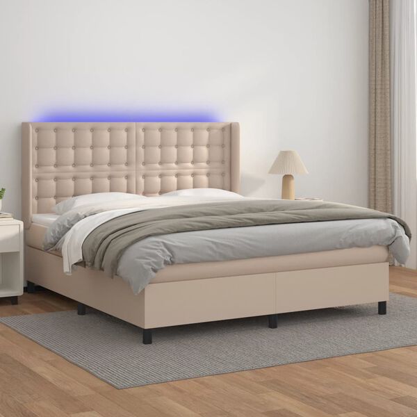vidaXL Box spring postel matrace a LED cappuccino 160x200cm uměl&aacute; kůže