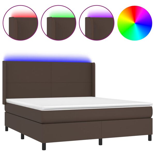 vidaXL Box spring postel s matrac&iacute; a LED hněd&aacute; 180x200 cm uměl&aacute; kůže