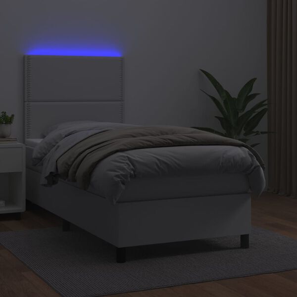 vidaXL Box spring postel s matrac&iacute; a LED b&iacute;l&aacute; 90x200 cm uměl&aacute; kůže