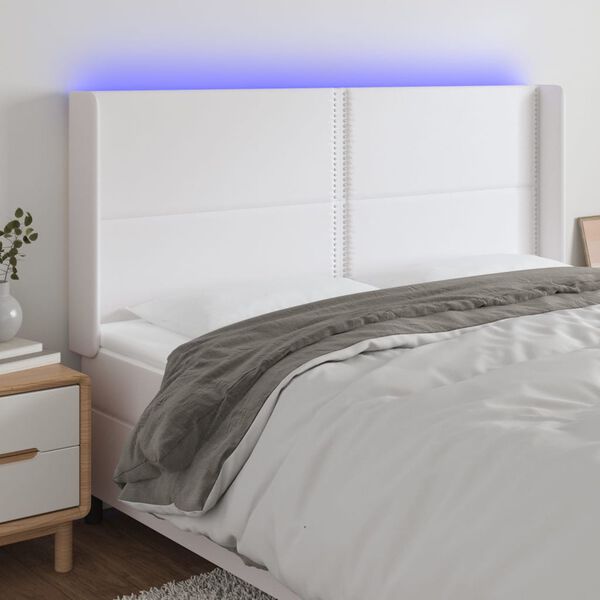 vidaXL Čelo postele s LED b&iacute;l&eacute; 203 x 16 x 118/128 cm uměl&aacute; kůže