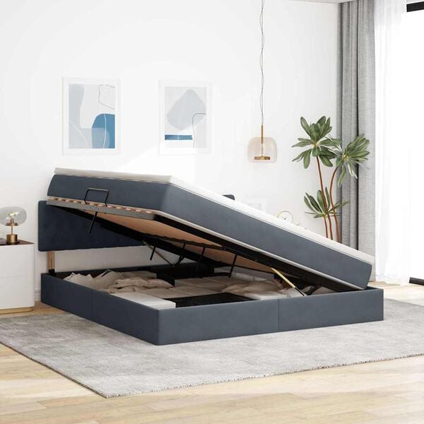 vidaXL Postel s &uacute;ložn&yacute;m prostorem a LED osvětlen&iacute;m Tmavě &scaron;ed&aacute; samet