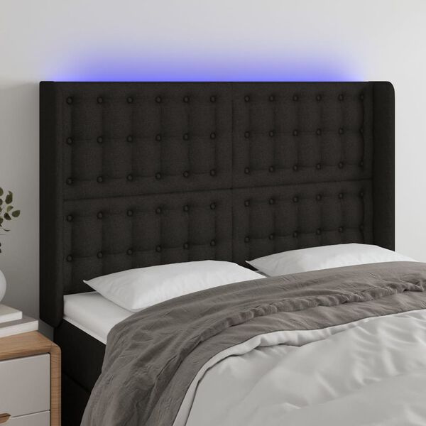 vidaXL Čelo postele s LED čern&eacute; 147 x 16 x 118/128 cm textil