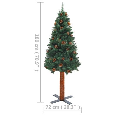 vidaXL Úzký vánoční stromek s LED pravé dřevo a šišky zelený 180 cm