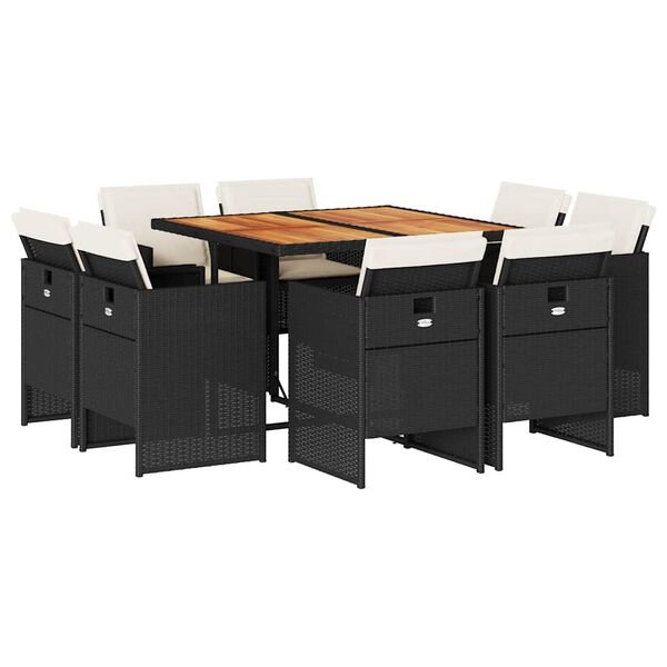 vidaXL 9d&iacute;ln&yacute; zahradn&iacute; j&iacute;deln&iacute; set s podu&scaron;kami čern&yacute; polyratan