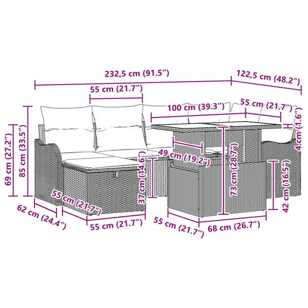 vidaXL Sada zahradních pohovek s polštářem 7 pcs Hnědá Poly ratan