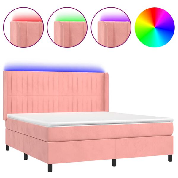 vidaXL Box spring postel s matrac&iacute; a LED růžov&aacute; 160x200 cm samet