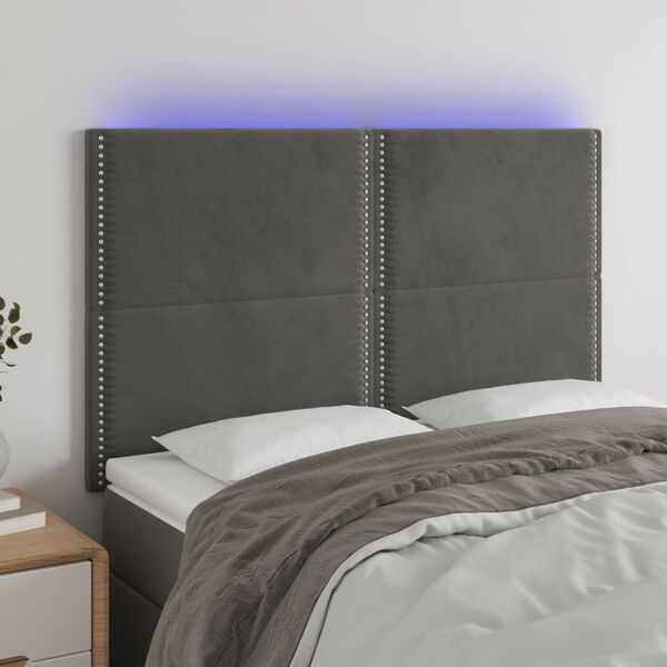 vidaXL Čelo postele s LED tmavě &scaron;ed&eacute; 144x5x118/128 cm samet