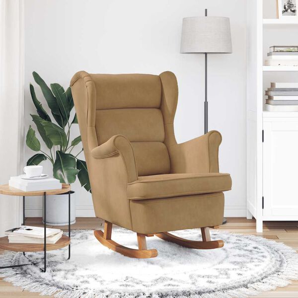 vidaXL Houpac&iacute; křeslo s opěradlem, hněd&yacute; samet a masivn&iacute; dřevo