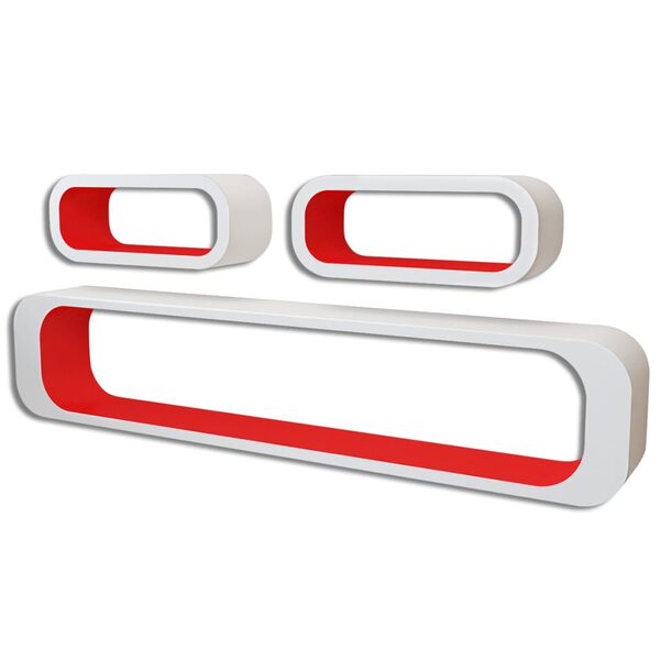 3 b&iacute;ločerven&eacute; n&aacute;stěnn&eacute; plovouc&iacute; MDF police na knihy a DVD