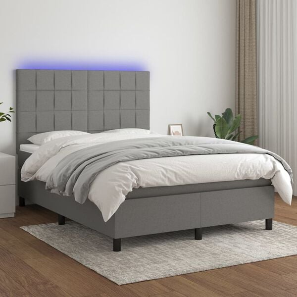 vidaXL Box spring postel s matrací a LED tmavě šedá 140x190 cm textil