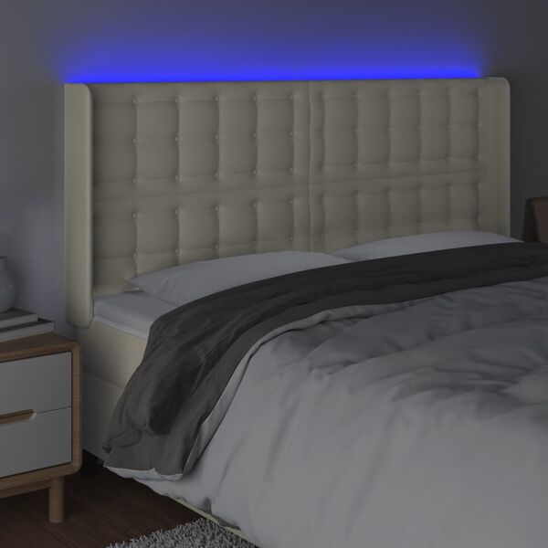 vidaXL Čelo postele s LED kr&eacute;mov&eacute; 203 x 16 x 118/128 cm uměl&aacute; kůže
