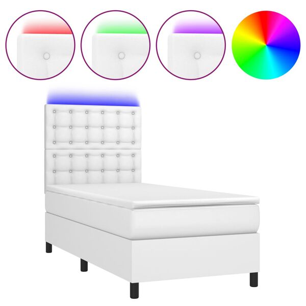 vidaXL Box spring postel s matrac&iacute; a LED b&iacute;l&aacute; 90x190 cm uměl&aacute; kůže