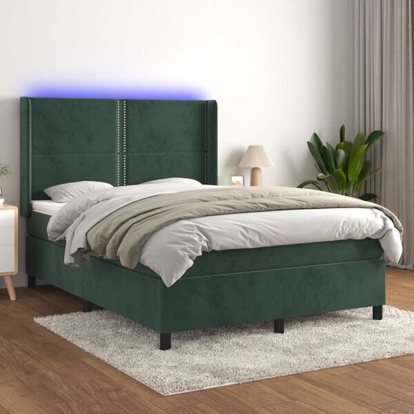 vidaXL Box spring postel s matrac&iacute; a LED tmavě zelen&aacute; 140x200 cm samet