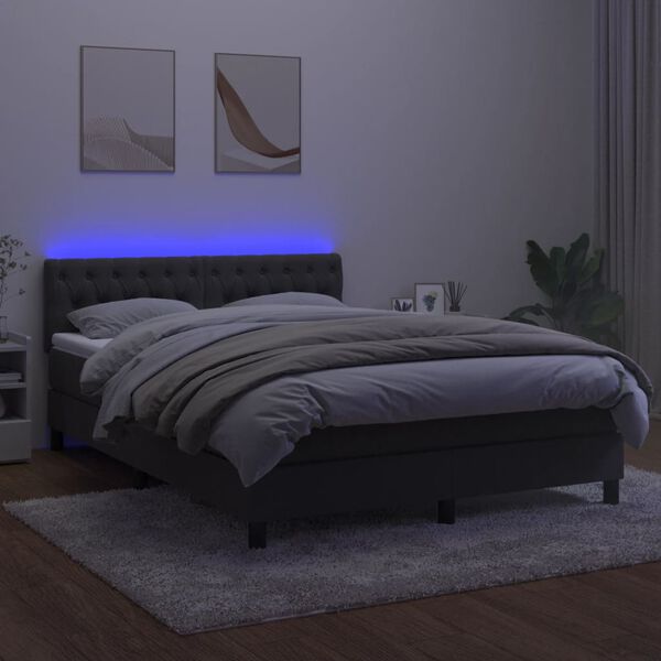 vidaXL Box spring postel s matrac&iacute; a LED tmavě &scaron;ed&aacute; 140x190 cm samet