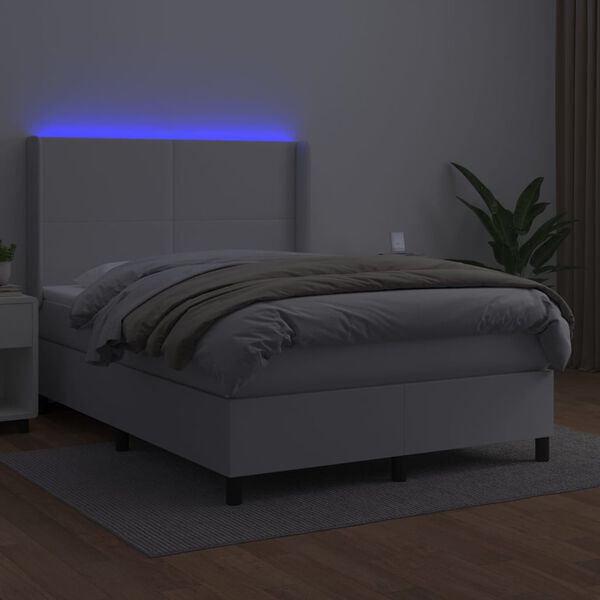 vidaXL Box spring postel s matrac&iacute; a LED b&iacute;l&aacute; 140x200 cm uměl&aacute; kůže