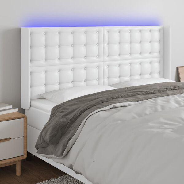 vidaXL Čelo postele s LED b&iacute;l&eacute; 163 x 16 x 118/128 cm uměl&aacute; kůže