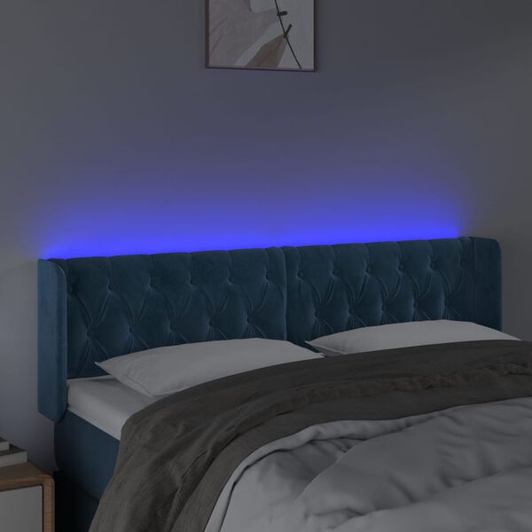 vidaXL Čelo postele s LED tmavě modr&eacute; 147 x 16 x 78/88 cm samet