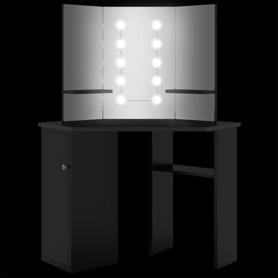vidaXL Rohový toaletní stolek s LED světlem černý 111 x 54 x 141,5 cm