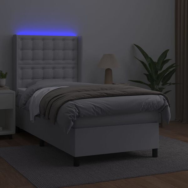vidaXL Box spring postel s matrací a LED bílá 100x200 cm umělá kůže