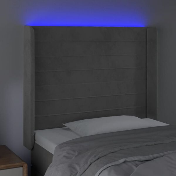 vidaXL Čelo postele s LED světle &scaron;ed&eacute; 93x16x118/128 cm samet