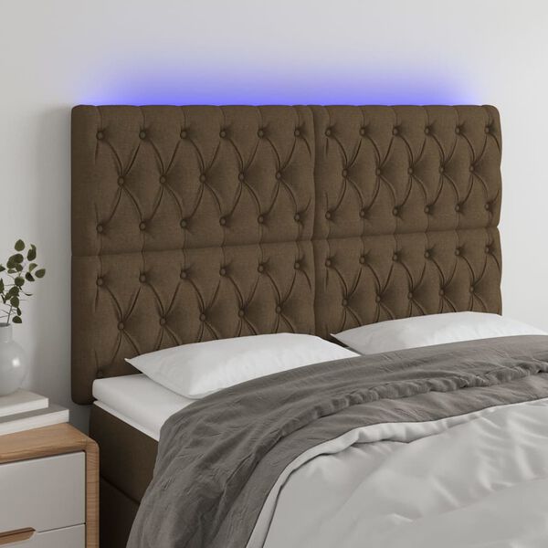 vidaXL Čelo postele s LED tmavě hněd&eacute; 144x7x118/128 cm textil