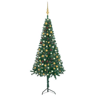 vidaXL Rohový umělý vánoční stromek LED a sada koulí zelený 210 cm PVC