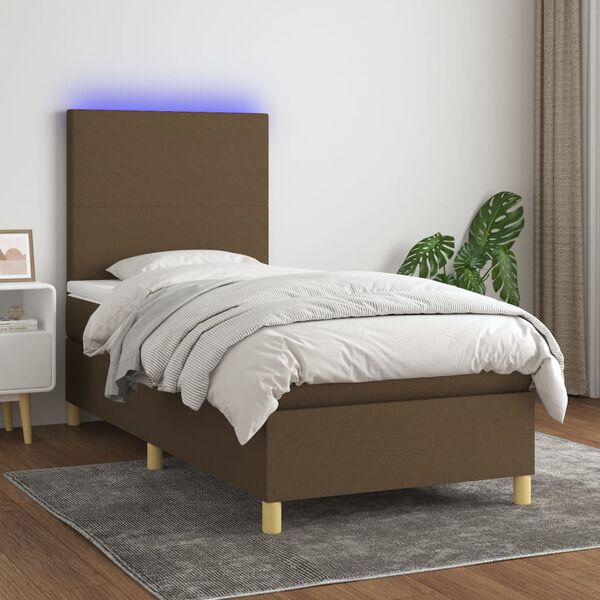 vidaXL Box spring postel s matrac&iacute; a LED tmavě hněd&aacute; 90x200 cm textil