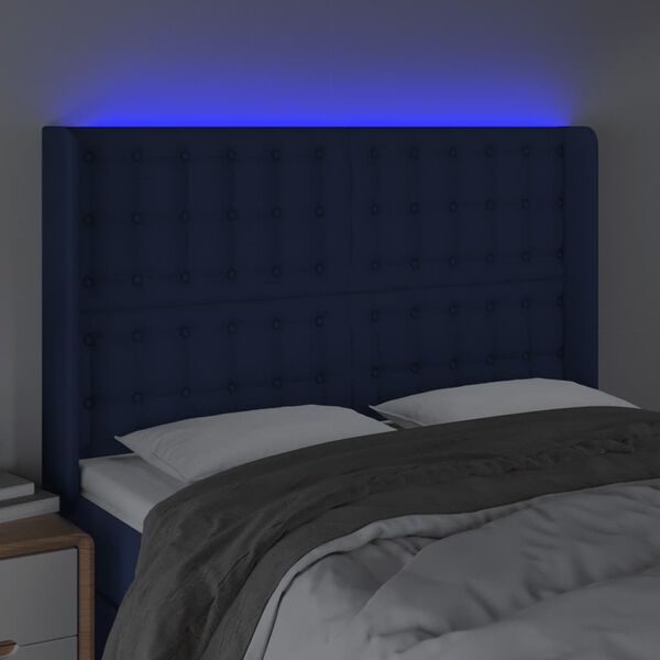 vidaXL Čelo postele s LED modr&eacute; 147 x 16 x 118/128 cm textil