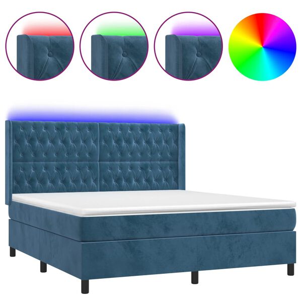 vidaXL Box spring postel s matrac&iacute; a LED tmavě modr&aacute; 160x200 cm samet