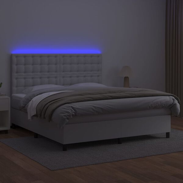 vidaXL Box spring postel s matrac&iacute; a LED b&iacute;l&aacute; 160x200 cm uměl&aacute; kůže