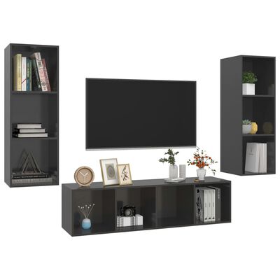 vidaXL 3dílný set TV skříněk šedý s vysokým leskem kompozitní dřevo