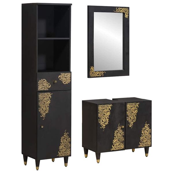 vidaXL Sada koupelnových skříněk 3 pcs Černá Masivní mangové dřevo