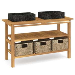 vidaXL Koupelnov&aacute; skř&iacute;ňka s umyvadly z čern&eacute;ho mramoru masivn&iacute; teak