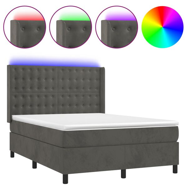 vidaXL Box spring postel s matrac&iacute; a LED tmavě &scaron;ed&aacute; 140x190 cm samet