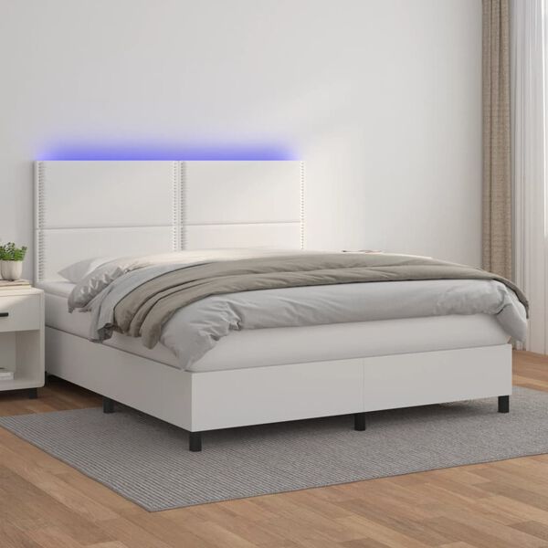 vidaXL Box spring postel s matrac&iacute; a LED b&iacute;l&aacute; 180x200 cm uměl&aacute; kůže