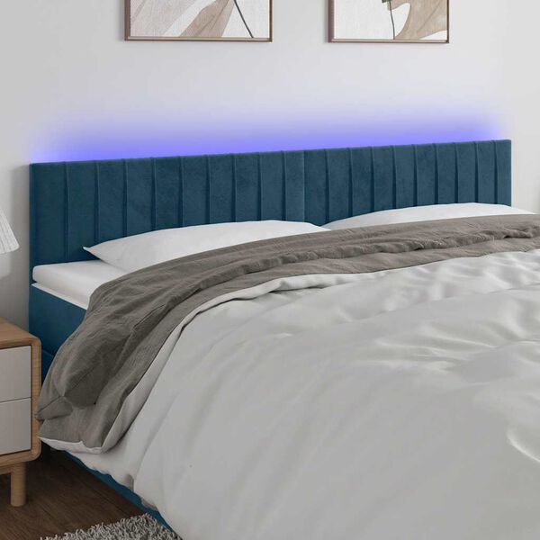 vidaXL Čelo postele s LED tmavě modr&eacute; 180x5x78/88 cm samet