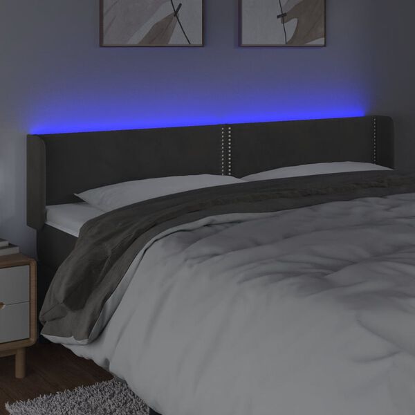 vidaXL Čelo postele s LED tmavě &scaron;ed&eacute; 163 x 16 x 78/88 cm samet