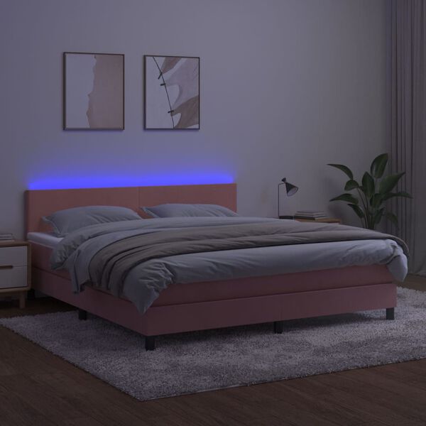 vidaXL Box spring postel s matrac&iacute; a LED růžov&aacute; 160x200 cm samet
