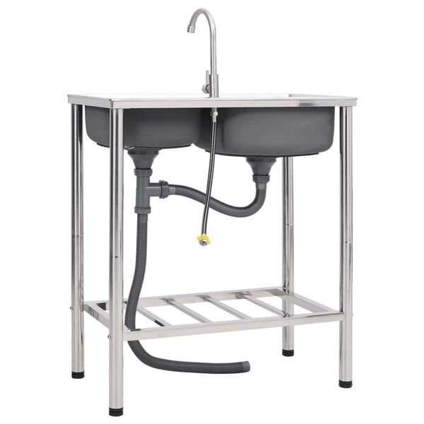 vidaXL Kempingov&yacute; dřez dvojit&yacute; s bateri&iacute; nerezov&aacute; ocel