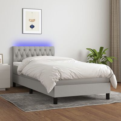 vidaXL Box spring postel s matrací a LED světle šedá 90x200 cm textil
