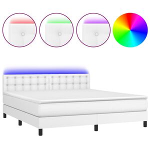 vidaXL Box spring postel s matrac&iacute; a LED b&iacute;l&aacute; 180x200 cm uměl&aacute; kůže