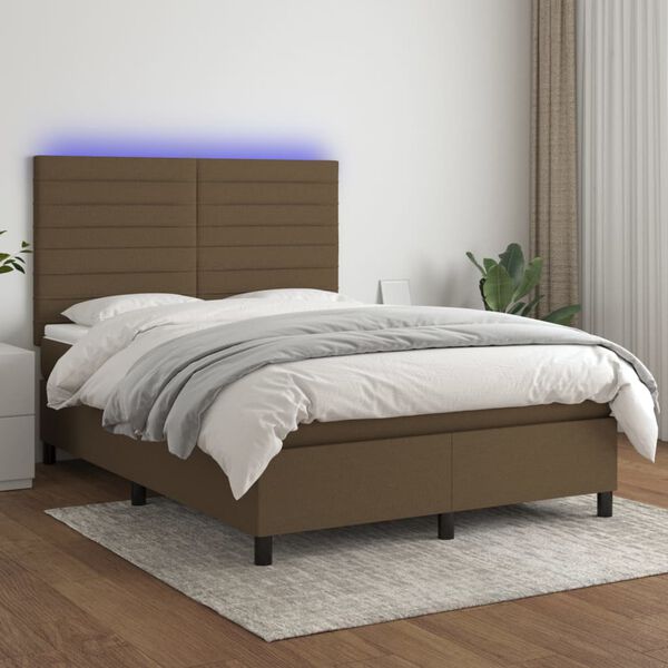 vidaXL Box spring postel s matrac&iacute; a LED tmavě hněd&aacute; 140x190 cm textil