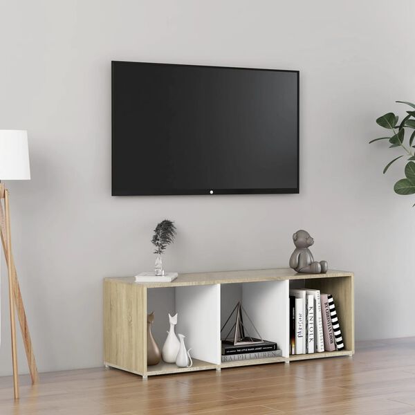 vidaXL TV stolek b&iacute;l&yacute; a dub sonoma 107 x 35 x 37 cm kompozitn&iacute; dřevo