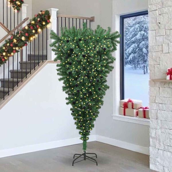 vidaXL Obr&aacute;cen&yacute; uměl&yacute; v&aacute;nočn&iacute; stromeček s osvětlen&iacute;m a sadou koul&iacute;