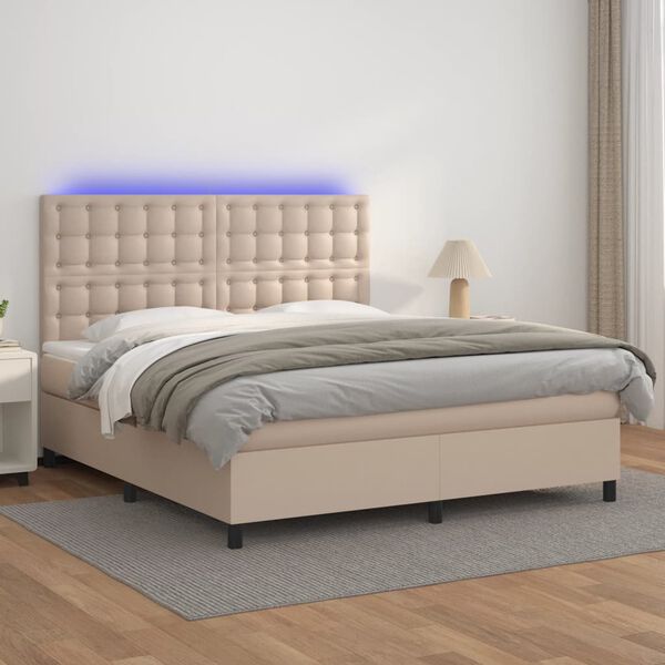 vidaXL Box spring postel matrace a LED cappuccino 180x200cm uměl&aacute; kůže