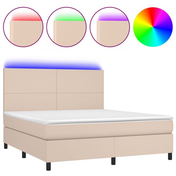 vidaXL Box spring postel matrace a LED cappuccino 160x200cm uměl&aacute; kůže