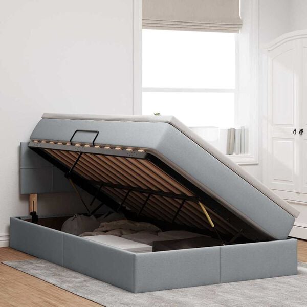 vidaXL Postel s &uacute;ložn&yacute;m prostorem a LED osvětlen&iacute;m Světle &scaron;ed&aacute; textil