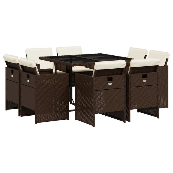 vidaXL 9d&iacute;ln&yacute; zahradn&iacute; j&iacute;deln&iacute; set s podu&scaron;kami hněd&yacute; polyratan