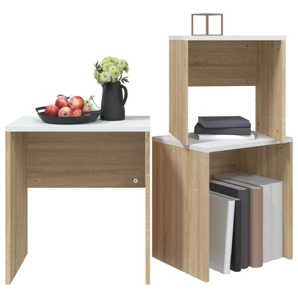 vidaXL Hn&iacute;zdov&eacute; konferenčn&iacute; stolky 3 ks b&iacute;l&eacute; a dub sonoma dřevotř&iacute;ska